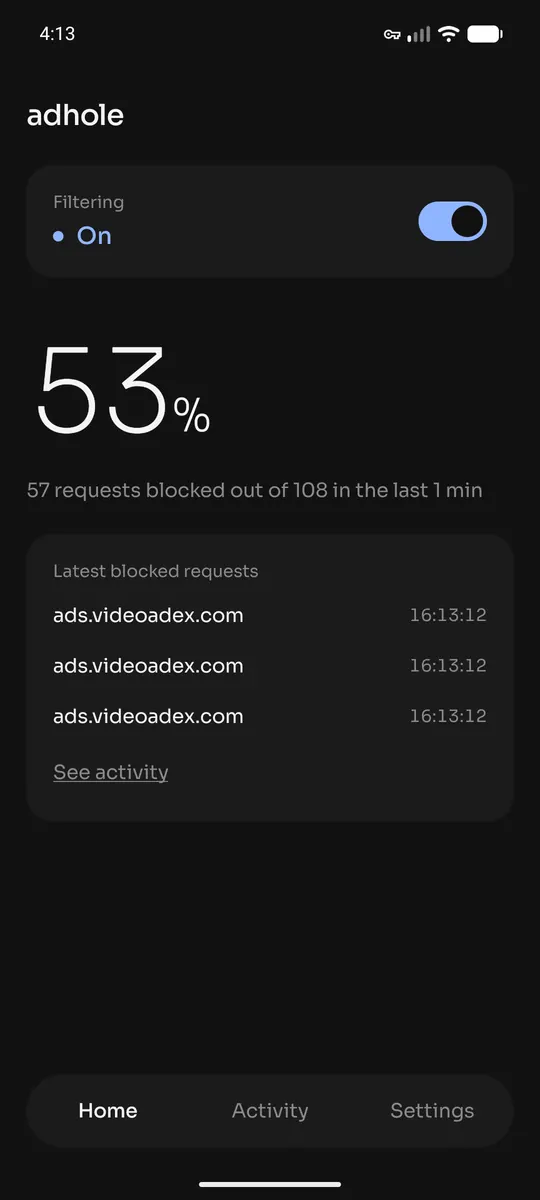 The app’s home screen: the filtering switch, the share of requests turned away, and the latest blocked requests.