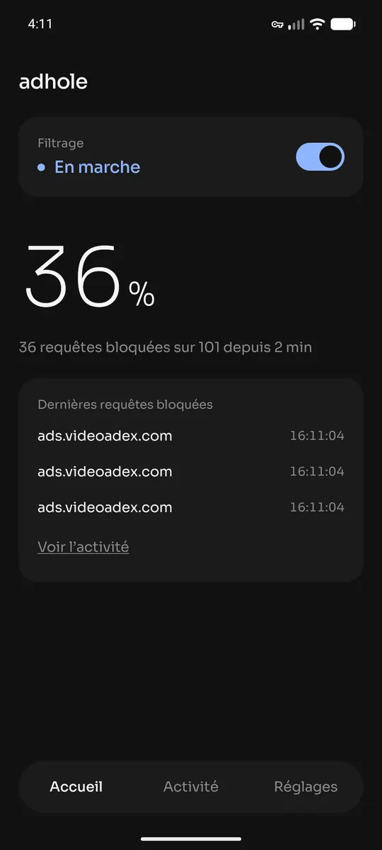 L’écran d’accueil de l’application : l’interrupteur de filtrage, la part des demandes écartées, les dernières requêtes bloquées.